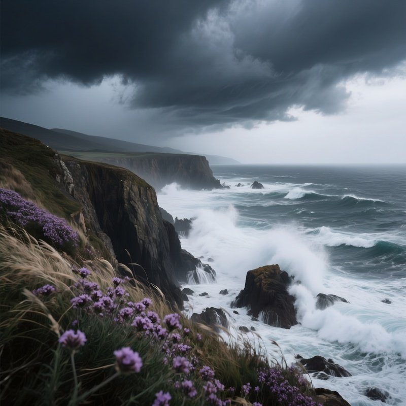 A Stormy Coastline Where Wind‑Blown Sea Lavender Clings To Cliffs, Dark Clouds Gathering Above,