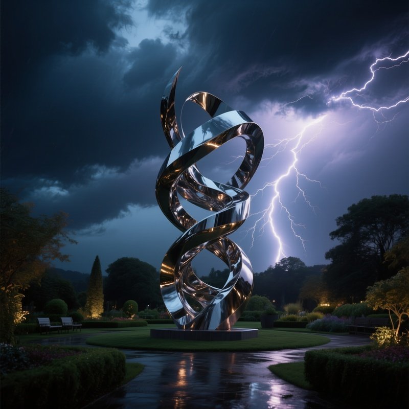 A Stormy Evening At A Twisted Steel Sculpture Garden, Lightning Briefly Illuminating The Reflective