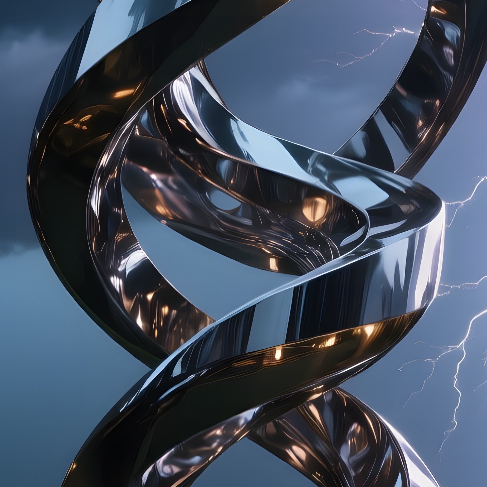 A Stormy Evening At A Twisted Steel Sculpture Garden, Lightning Briefly Illuminating The Reflective - Full Resolution Quality Preview