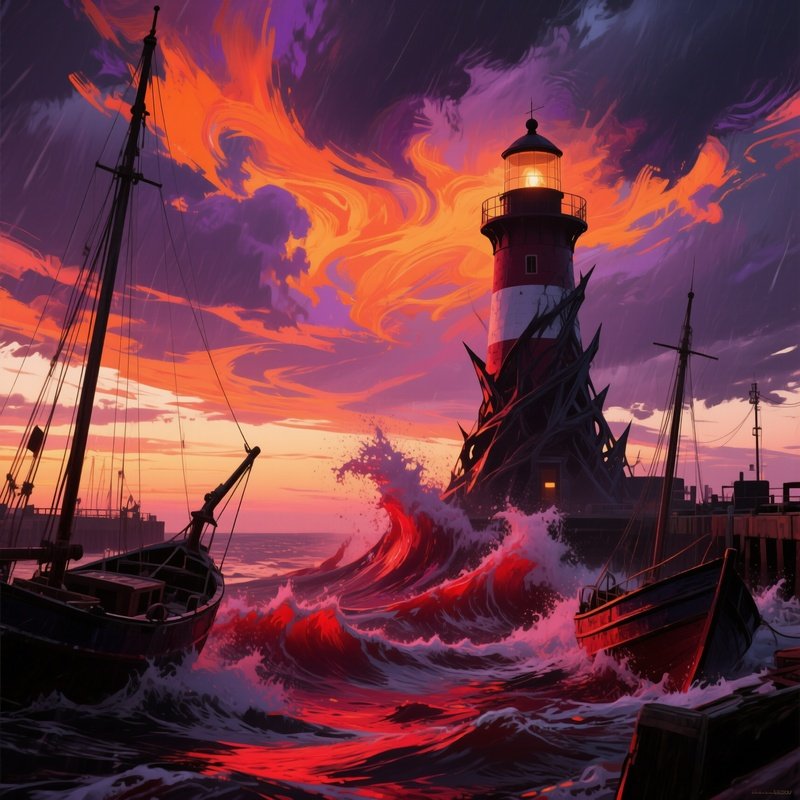 A Stormy Harbor At Dusk With Jagged, Angular Boats And Exaggerated Crimson Waves Crashing Against A