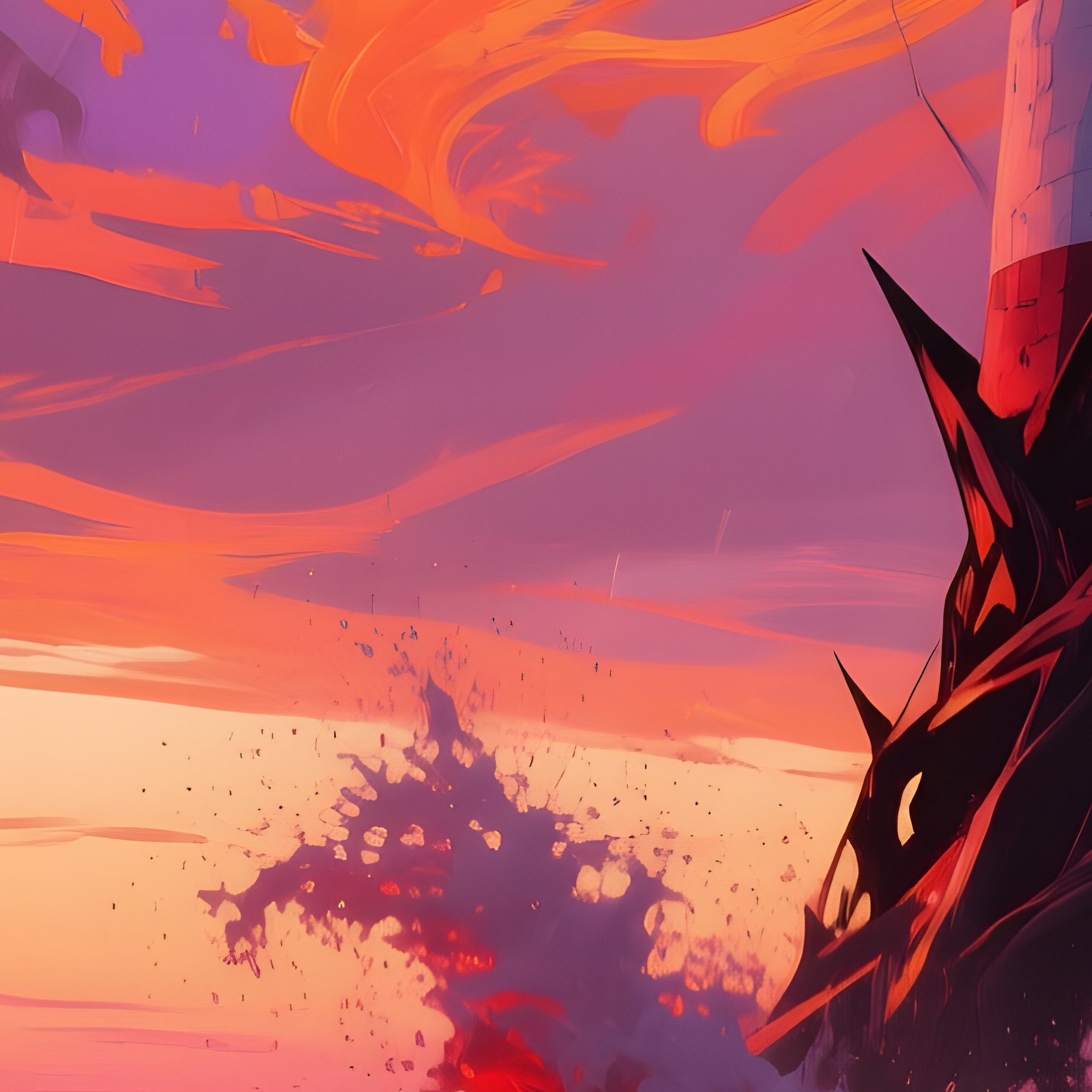 A Stormy Harbor At Dusk With Jagged, Angular Boats And Exaggerated Crimson Waves Crashing Against A - Full Resolution Quality Preview