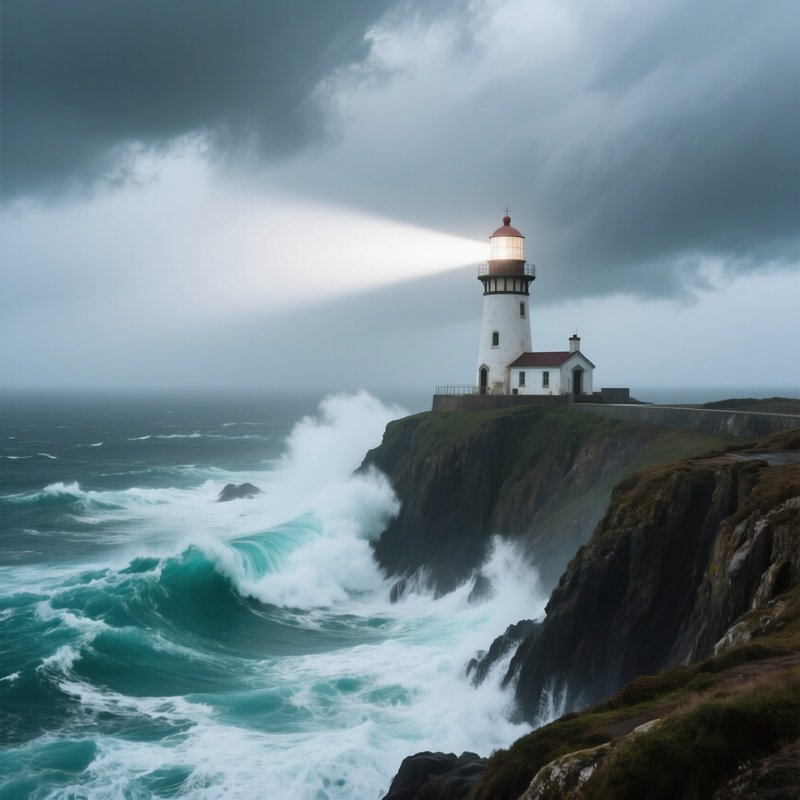 A Stormy Lighthouse Perched On A Cliff, Waves Crashing In Furious Teal And White Froth, Beacon