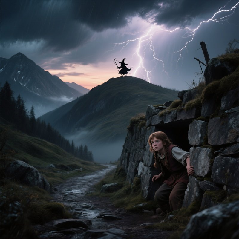 A Stormy Mountain Pass At Twilight Where Hansel And Gretel Hide Behind A Crumbling Stone Wall,
