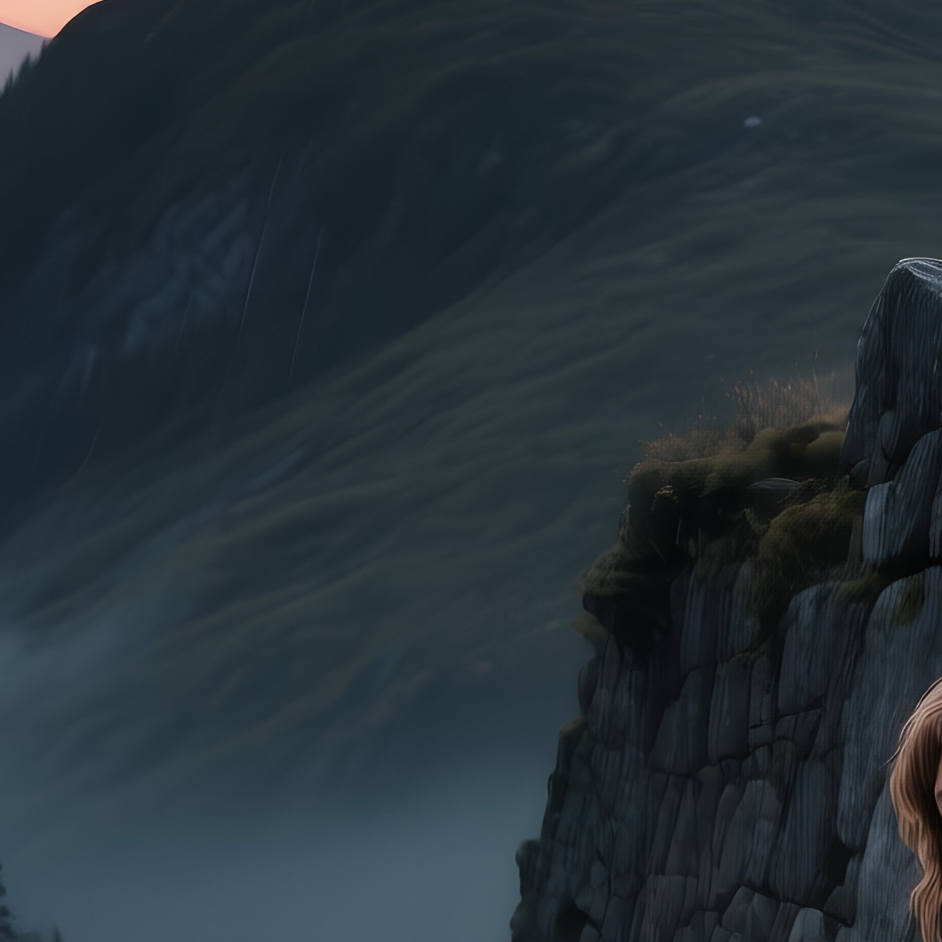 A Stormy Mountain Pass At Twilight Where Hansel And Gretel Hide Behind A Crumbling Stone Wall, - Full Resolution Quality Preview