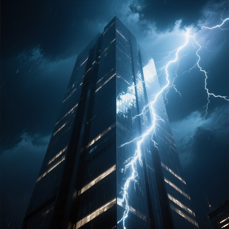 A Stormy Night At An Angular Steel Skyscraper With Lightning Striking Nearby, Its Reflective