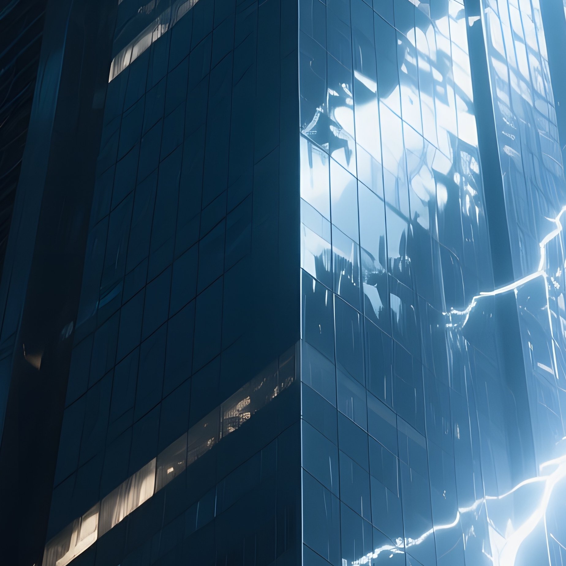 A Stormy Night At An Angular Steel Skyscraper With Lightning Striking Nearby, Its Reflective - Full Resolution Quality Preview