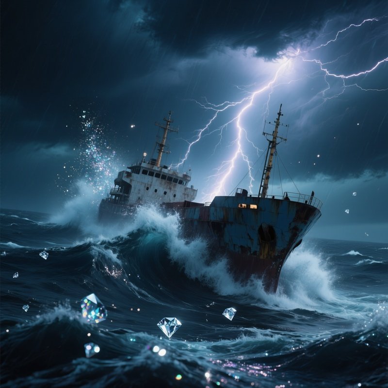 A Stormy Night On The Open Ocean, Massive Waves Crashing Against A Battered Cargo Vessel, Lightning