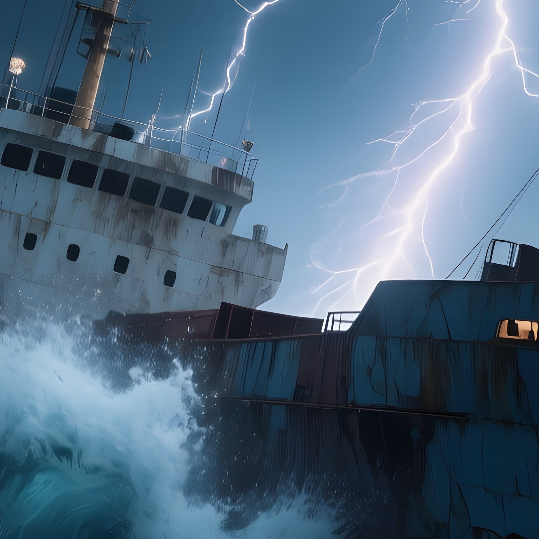 A Stormy Night On The Open Ocean, Massive Waves Crashing Against A Battered Cargo Vessel, Lightning - Full Resolution Quality Preview