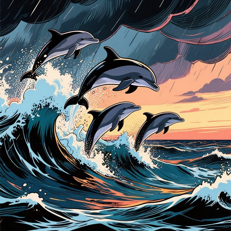 A Stormy Sea At Dusk, Where Dolphins Leap Through Towering Waves, Their Forms And The Turbulent