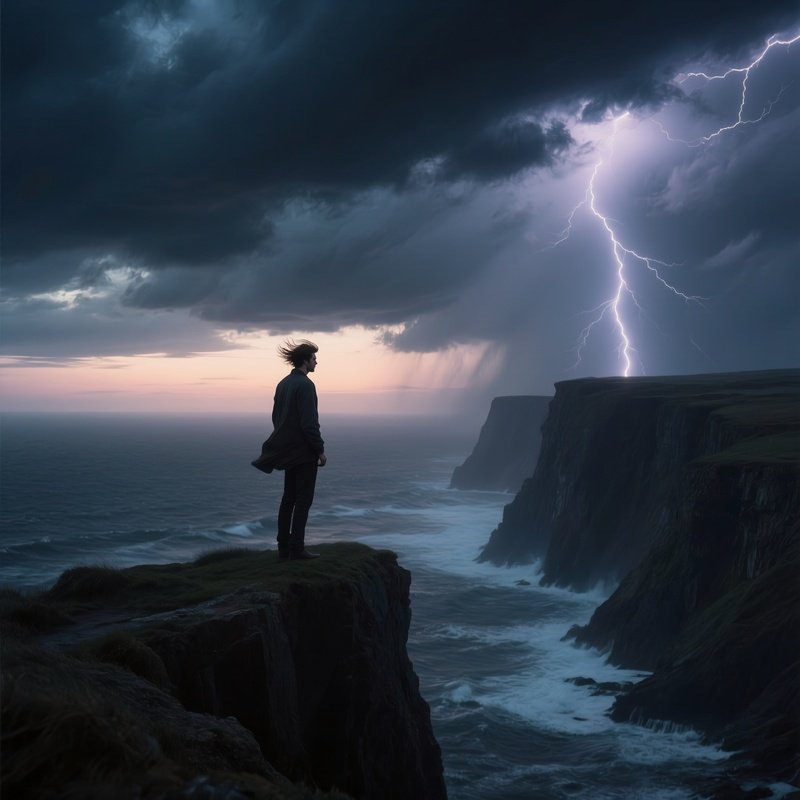 A Stormy Sea Cliff At Twilight, A Lone Male Figure Standing On The Edge, Wind Whipping His Hair,
