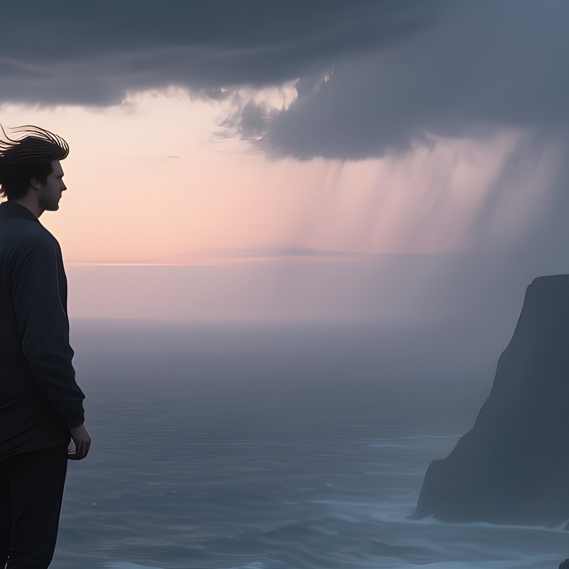 A Stormy Sea Cliff At Twilight, A Lone Male Figure Standing On The Edge, Wind Whipping His Hair, - Full Resolution Quality Preview