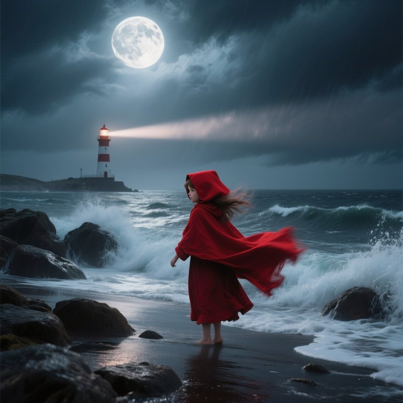 A Stormy Sea Shore Under A Full Moon Where Little Red Riding Hood’S Red Cloak Flutters In Wind,