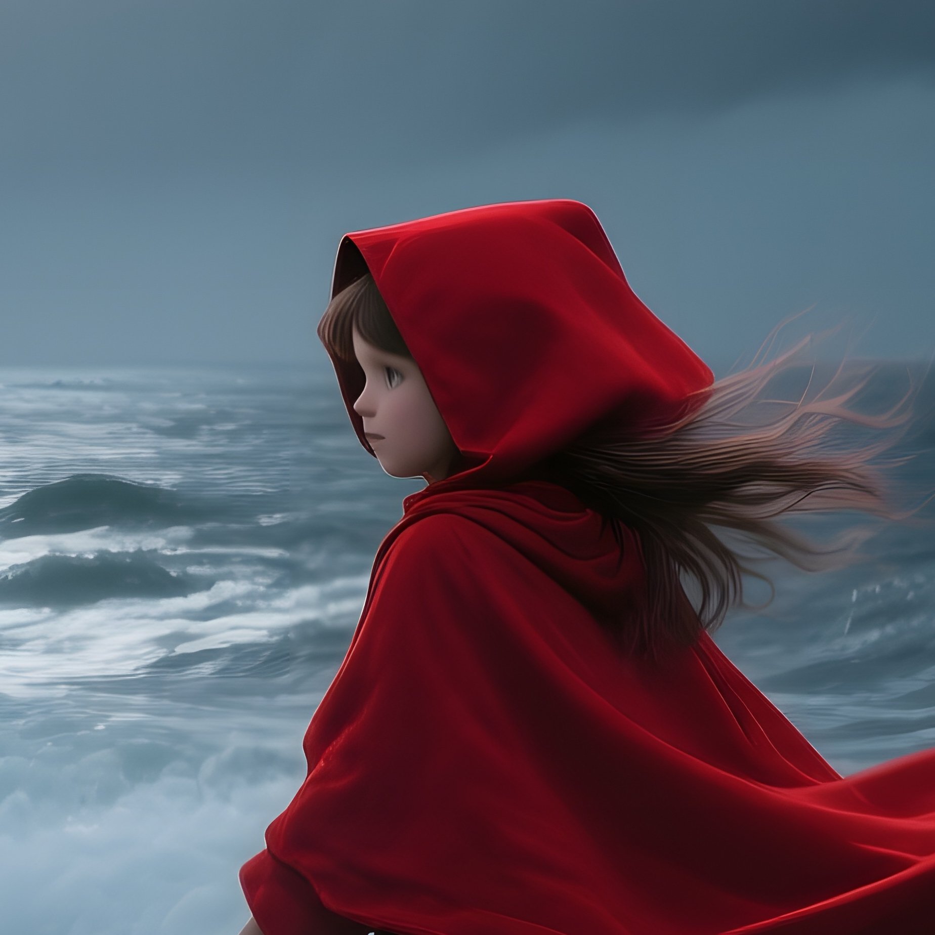 A Stormy Sea Shore Under A Full Moon Where Little Red Riding Hood’S Red Cloak Flutters In Wind, - Full Resolution Quality Preview