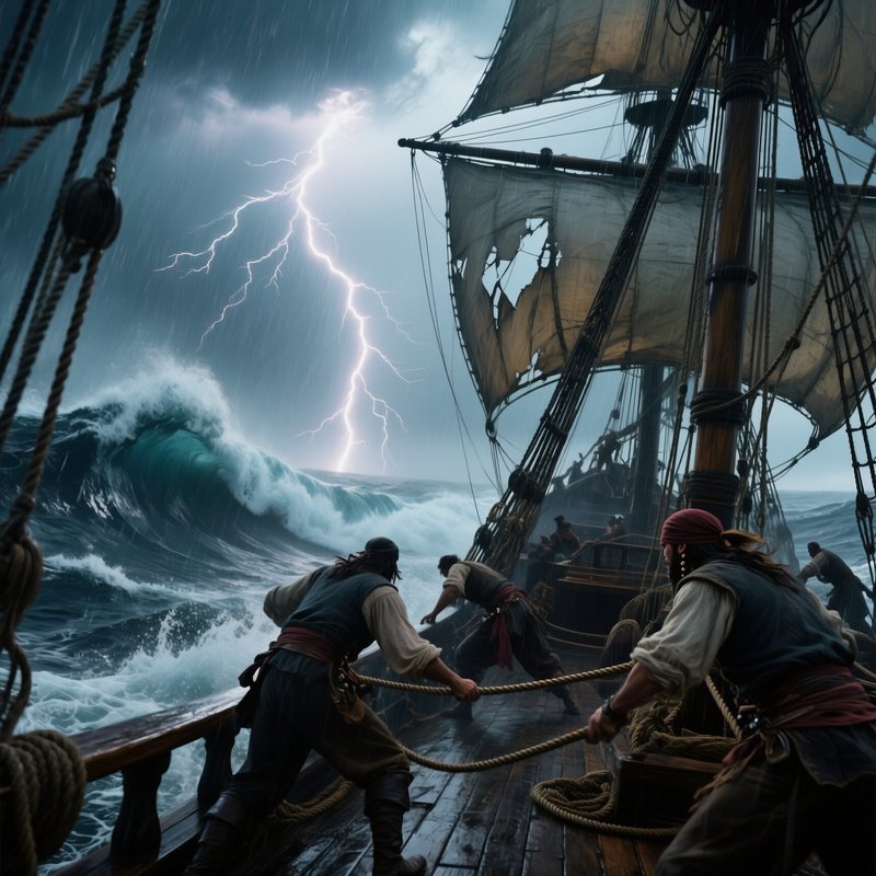 A Stormy Seascape Captures A Pirate Ship Battling Massive Waves, Lightning Illuminating Torn Sails,