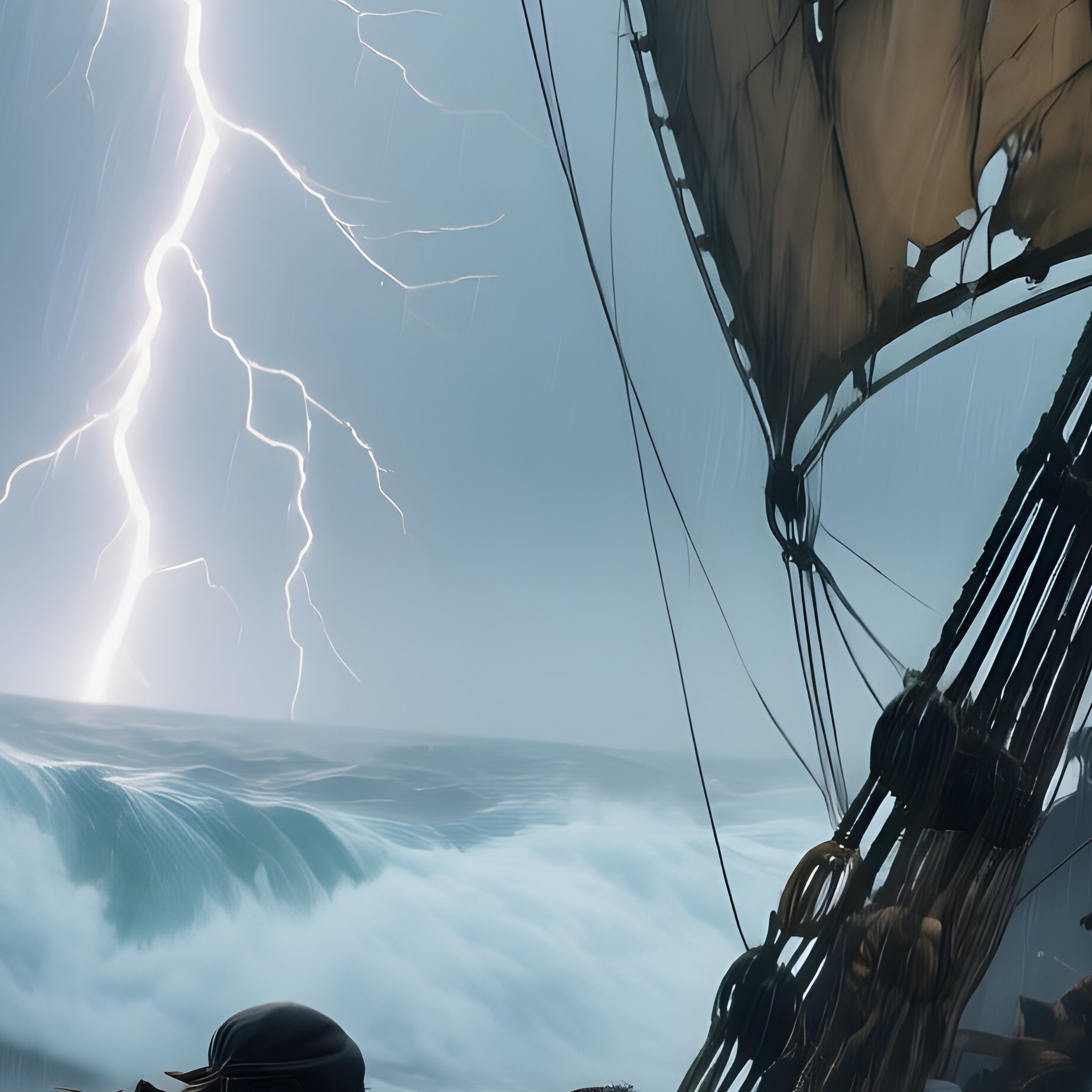 A Stormy Seascape Captures A Pirate Ship Battling Massive Waves, Lightning Illuminating Torn Sails, - Full Resolution Quality Preview