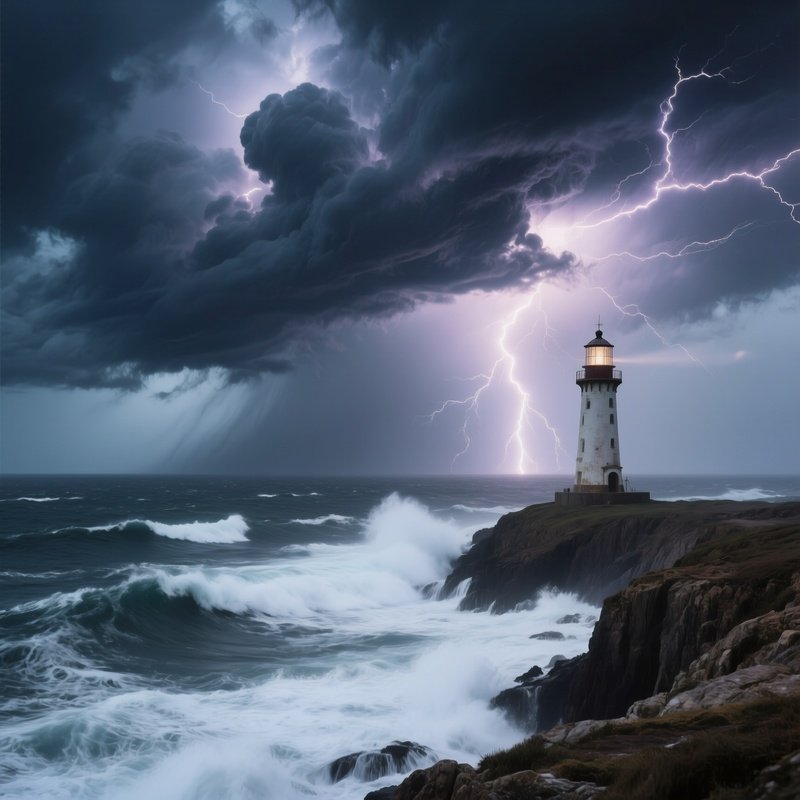 A Stormy Seascape With Dark Thunderclouds Swirling Above A Turbulent Sea, Lightning Forks