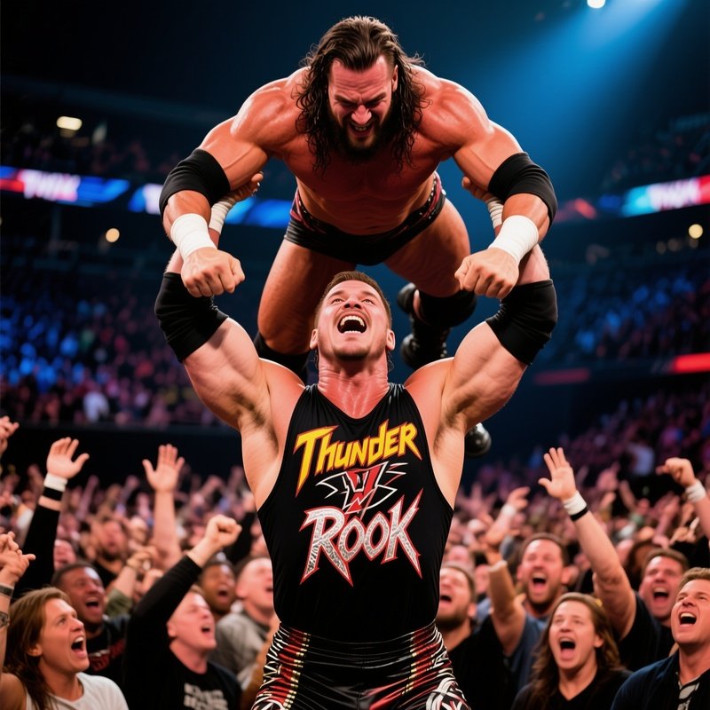A Storytelling Image Of Wrestler Thunder Rook Lifting An Opponent Above A Roaring Crowd