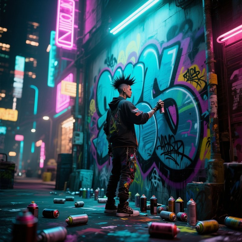 A Street Artist With An Avant‑Garde Haircut Stands Before A Massive Mural, Spray Cans Scattered,