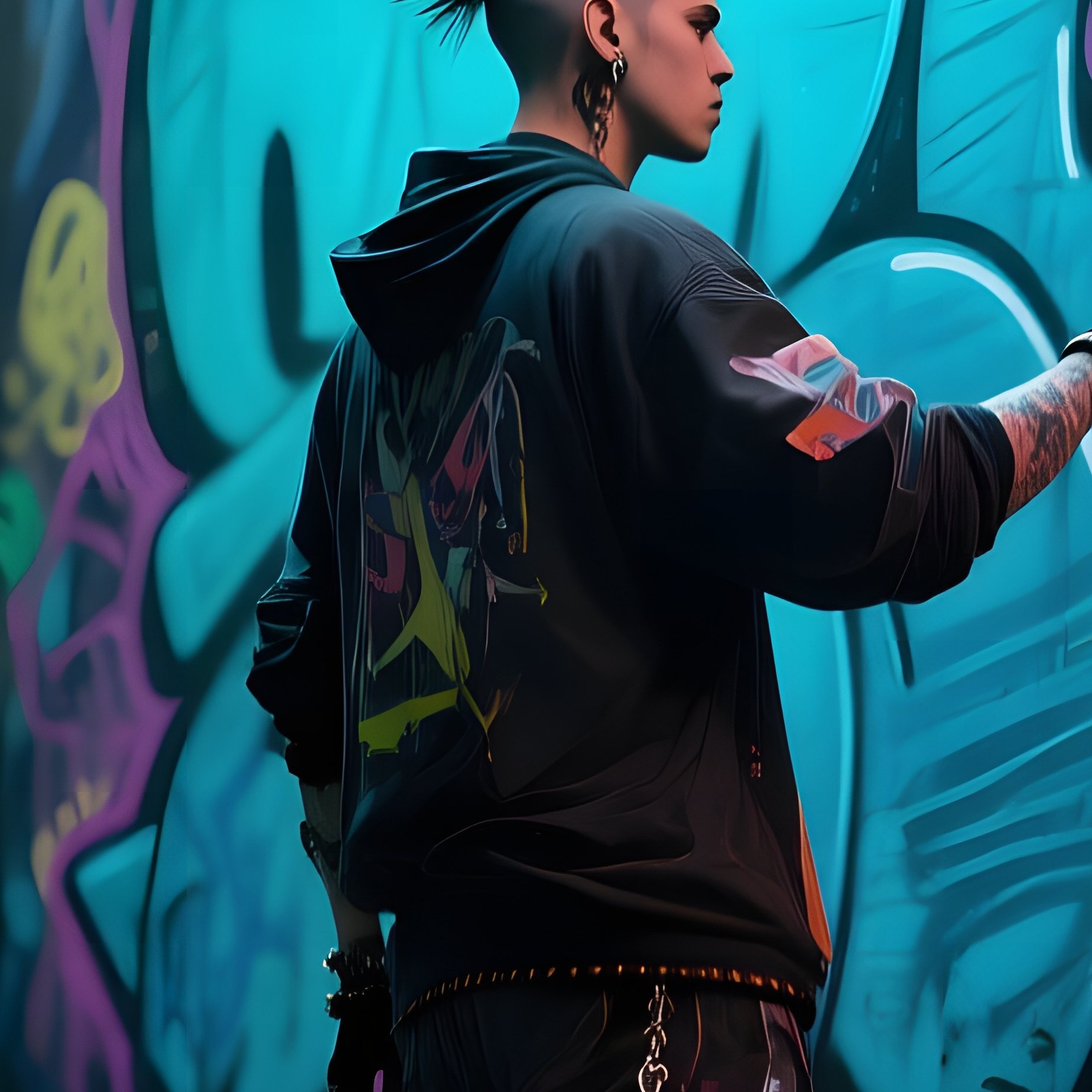 A Street Artist With An Avant‑Garde Haircut Stands Before A Massive Mural, Spray Cans Scattered, - Full Resolution Quality Preview