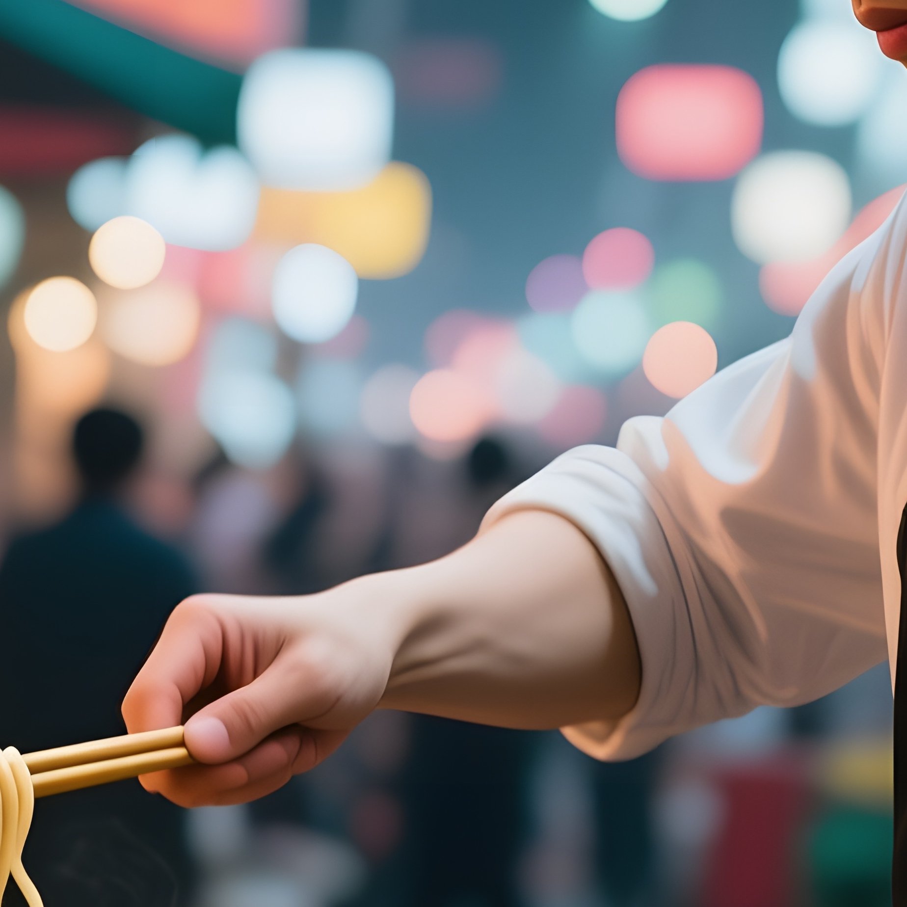 A Street Food Chef With A Tidy Shaved Head Flips Noodles In A Sizzling Wok, Steam Rising As Neon - Full Resolution Quality Preview