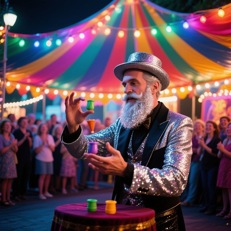 A Street Magician With A Silver Glittering Beard Performs Close‑Up Tricks Under A Carnival Tent,