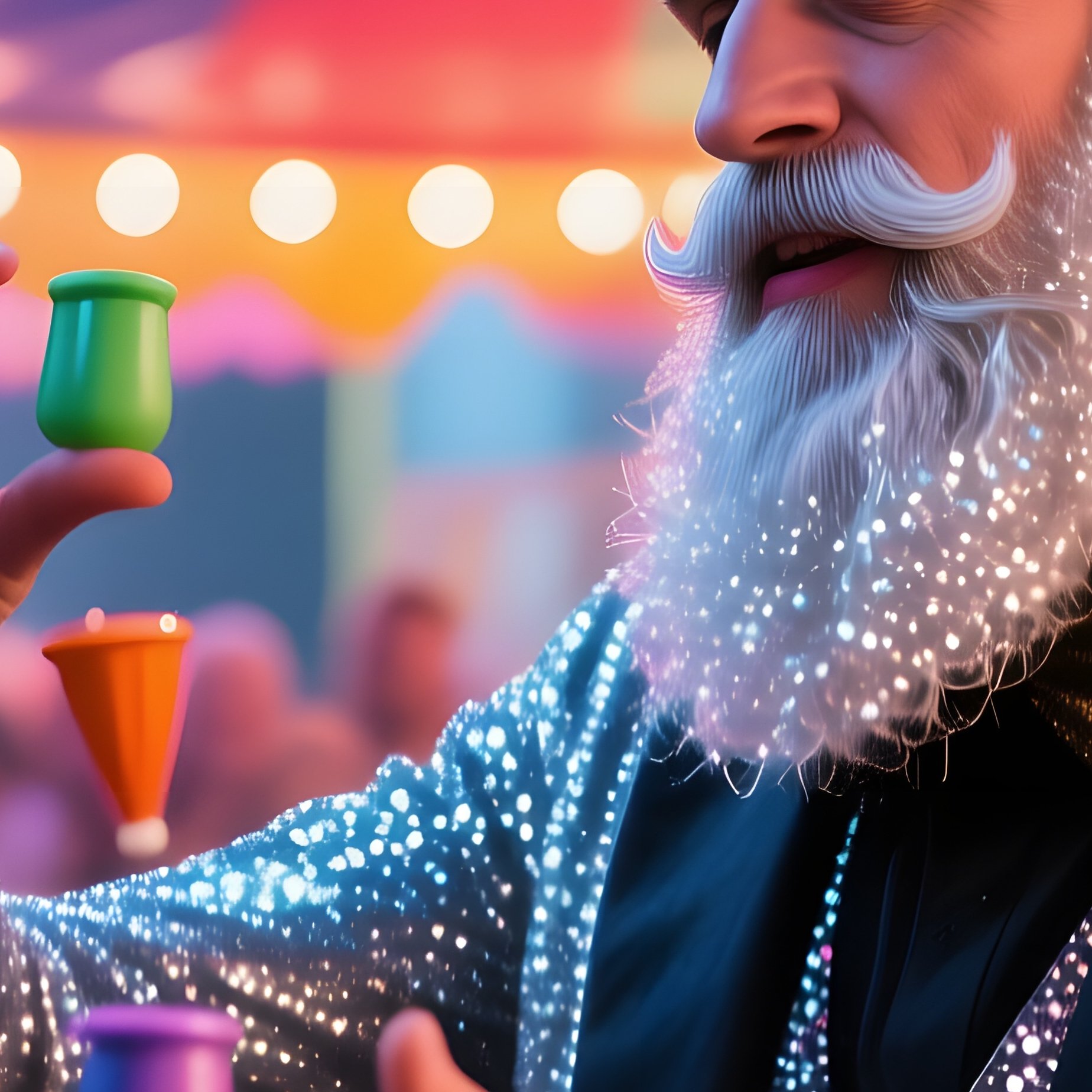 A Street Magician With A Silver Glittering Beard Performs Close‑Up Tricks Under A Carnival Tent, - Full Resolution Quality Preview