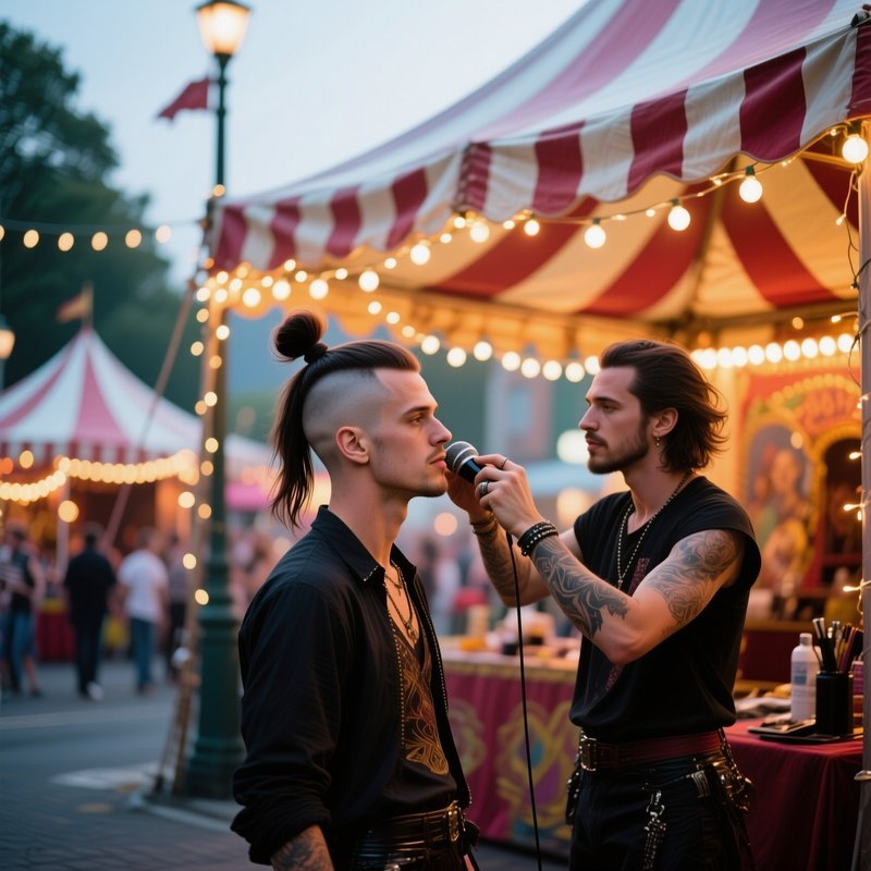 A Street Performer With A Shaved Side And Long Top Knot Receives A Styling Session Under A Carnival