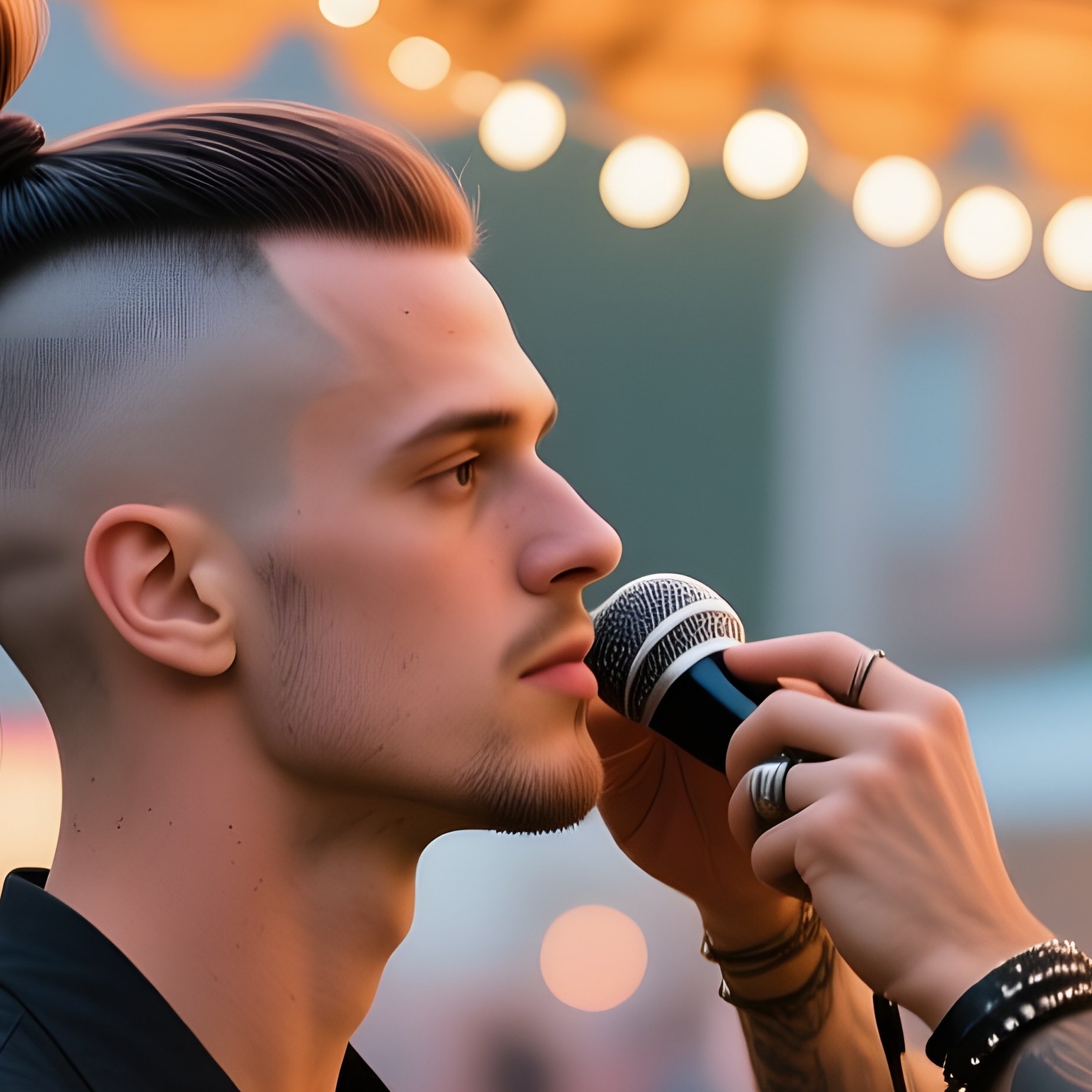 A Street Performer With A Shaved Side And Long Top Knot Receives A Styling Session Under A Carnival - Full Resolution Quality Preview