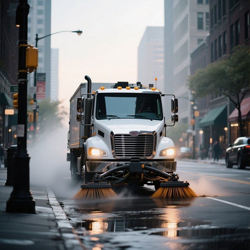 A Street Sweeping Truck Cleaning An Early Morning Downtown Street