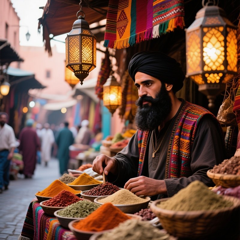 A Street Vendor In Marrakech Sells Spices, His Thick Black Beard Framed By Vibrant Textiles And