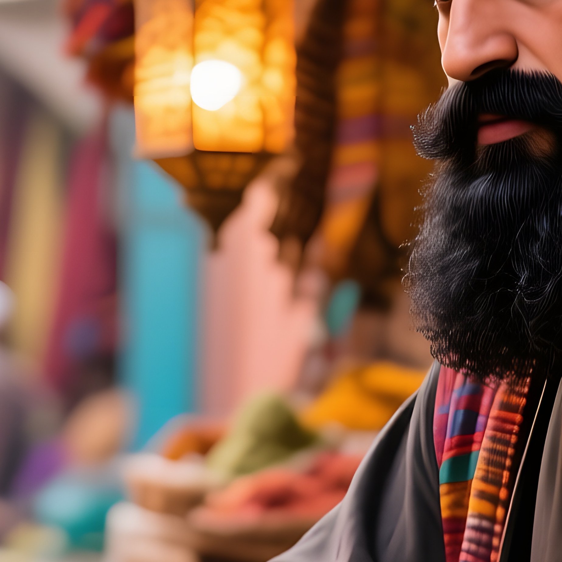 A Street Vendor In Marrakech Sells Spices, His Thick Black Beard Framed By Vibrant Textiles And - Full Resolution Quality Preview