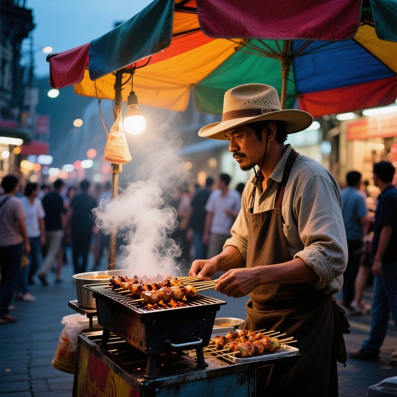 A Street Vendor Wearing A Wide‑Brimmed Canvas Hat Sells Sizzling Kebabs From A Portable Grill Under