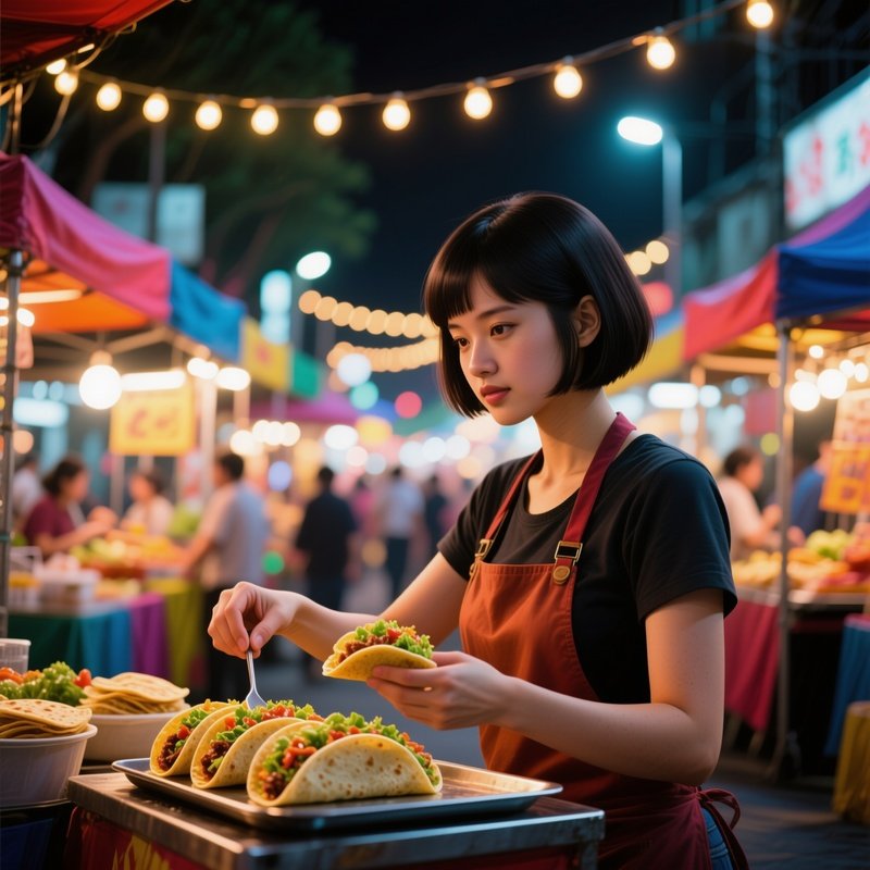 A Street Vendor With A Neat Bob Serves Tacos At A Bustling Night Market, String Lights Overhead