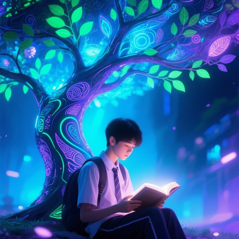 A Student Reading Digital Art Under A Tree