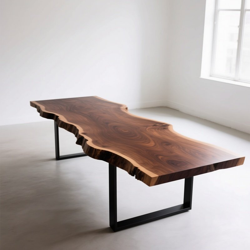 A Stunning Live Edge Walnut Dining Table With Natural Wood Grain And Black Metal Legs Serving As The Artistic Centerpiece Of A Minimalist Room