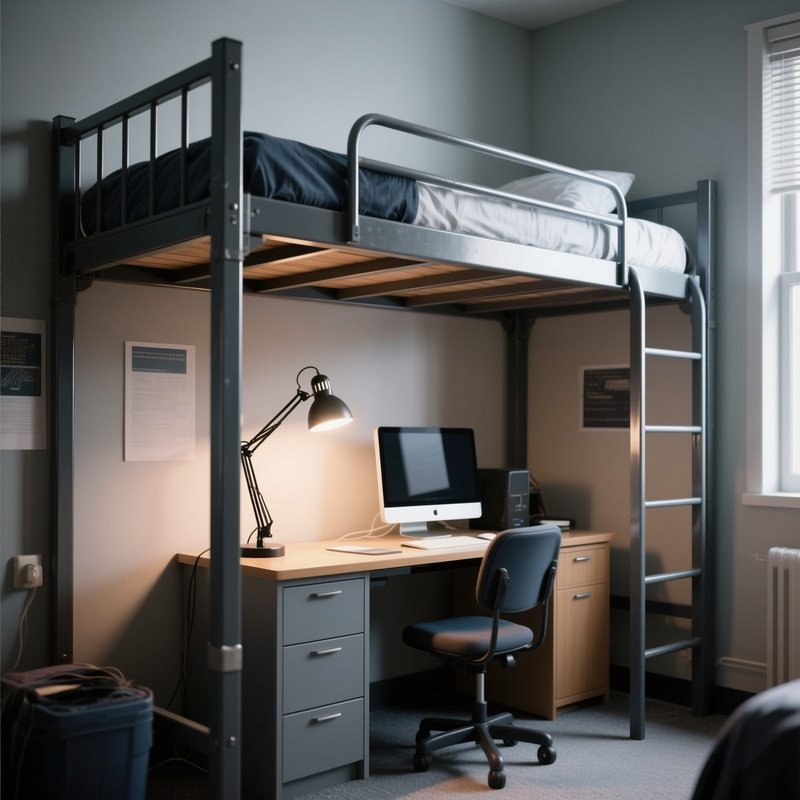 A Sturdy Metal Loft Bed In A Student Dorm Room, Featuring A Compact Desk And Computer Setup Underneath, Illuminated By A Focused Architectural Desk Lamp.