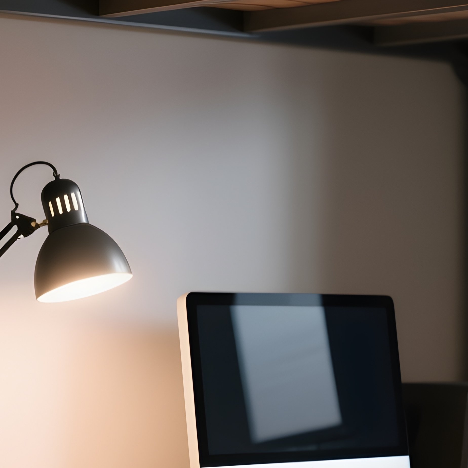 A Sturdy Metal Loft Bed In A Student Dorm Room, Featuring A Compact Desk And Computer Setup Underneath, Illuminated By A Focused Architectural Desk Lamp. - Full Resolution Quality Preview