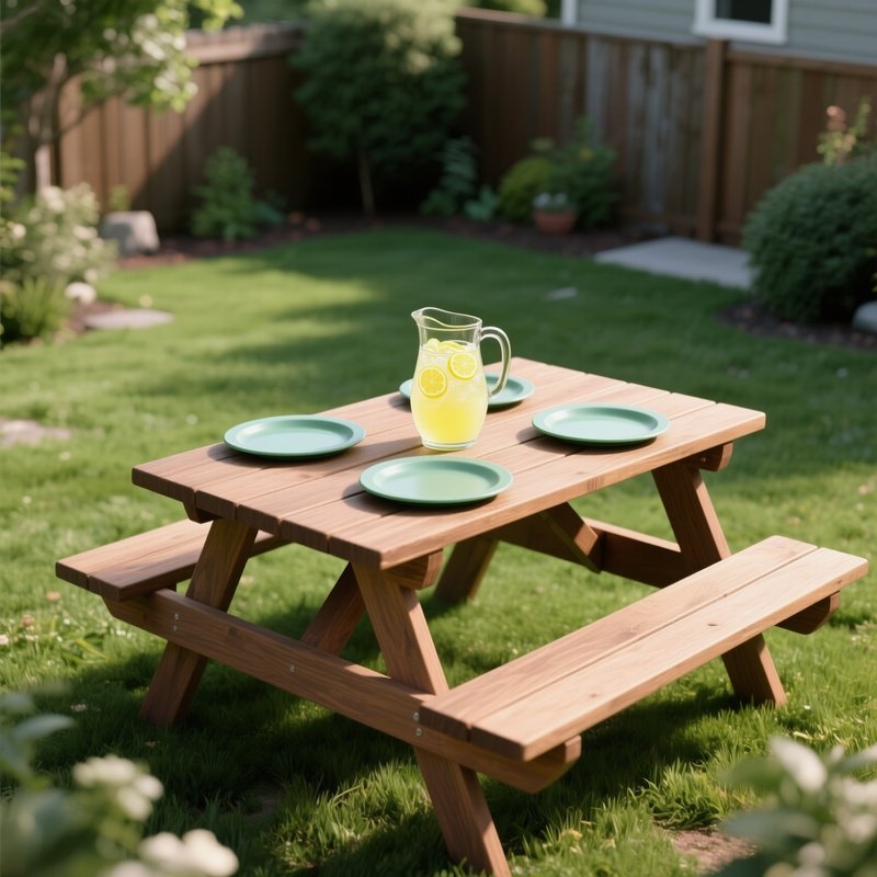 A Sturdy Wooden Picnic Table Located In A Green Backyard, Set With Durable Melamine Plates And A Glass Pitcher Of Fresh Lemonade.