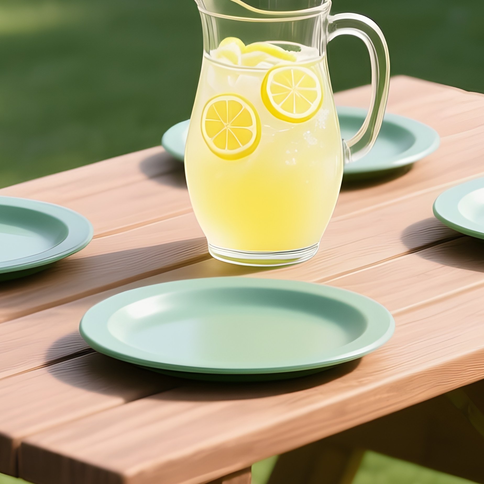A Sturdy Wooden Picnic Table Located In A Green Backyard, Set With Durable Melamine Plates And A Glass Pitcher Of Fresh Lemonade. - Full Resolution Quality Preview