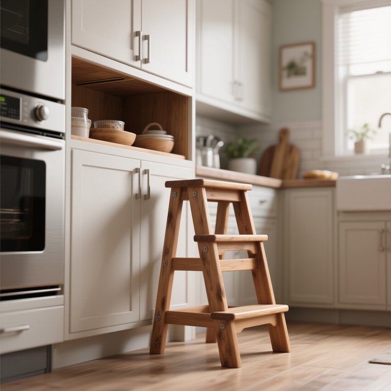 A Sturdy Wooden Step Stool Placed In A Kitchen, Helping To Reach The Upper Cabinets, Highlighting Functionality In A Home Setting.