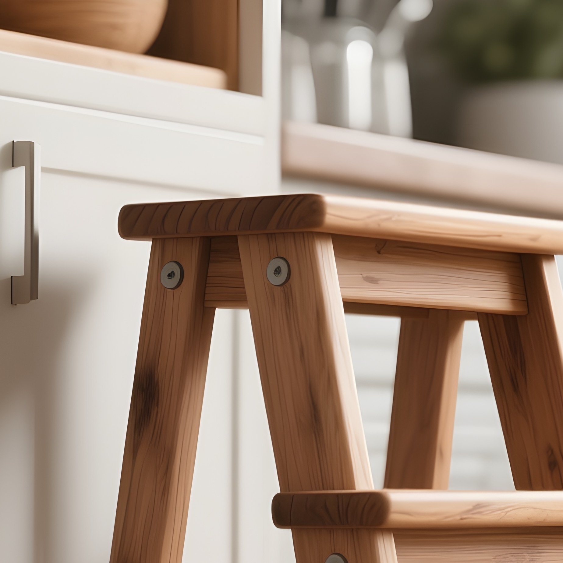 A Sturdy Wooden Step Stool Placed In A Kitchen, Helping To Reach The Upper Cabinets, Highlighting Functionality In A Home Setting. - Full Resolution Quality Preview