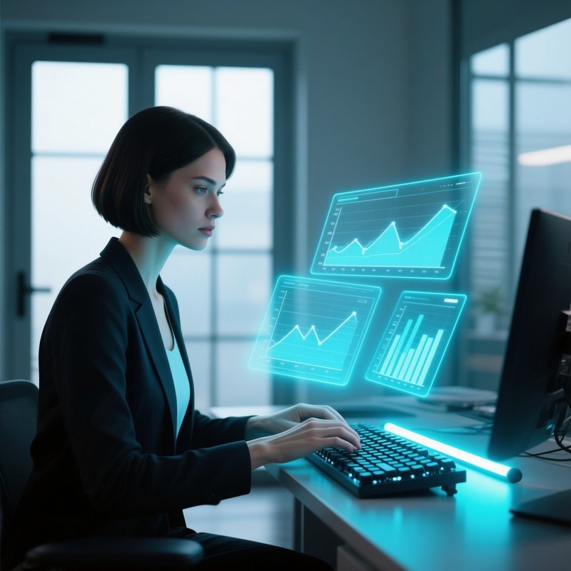 A Stylish Analyst With Sleek Bob Hair Types On A Mechanical Keyboard While Holographic Spreadsheets