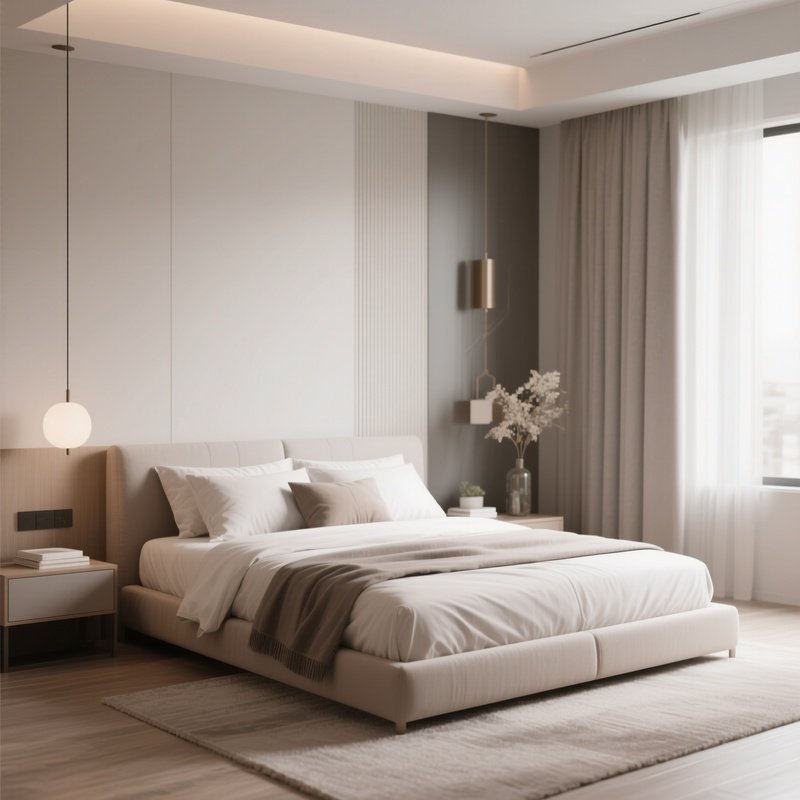 A Stylish Bedroom Featuring A Low Bed And Subtle Decor