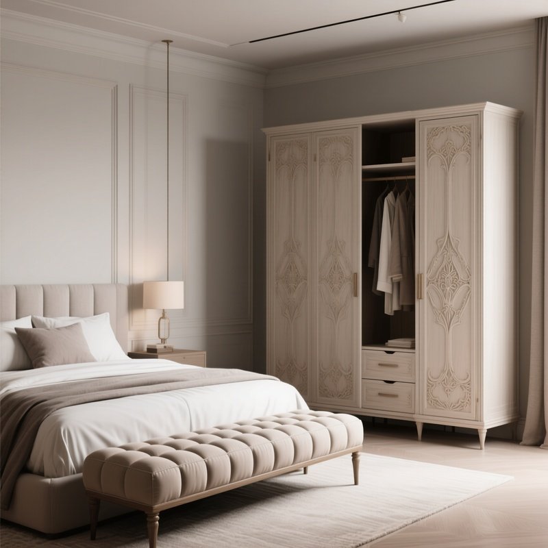 A Stylish Bedroom With A Padded Bench And A Handcrafted Wardrobe