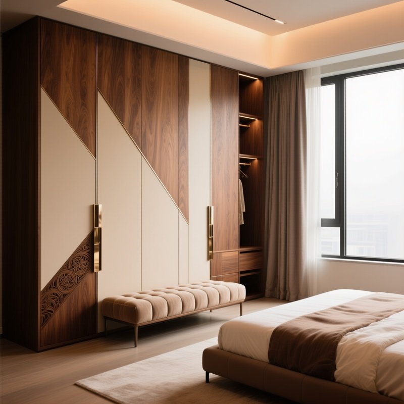 A Stylish Bedroom With A Padded Bench And A Handcrafted Wardrobe