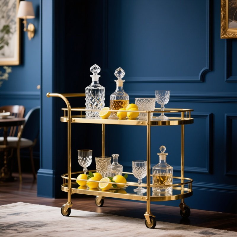 A Stylish Gold Metal Bar Cart Styled With Crystal Decanters, Fresh Lemons, And Vintage Glassware, Positioned Against A Dramatic Navy Blue Dining Room Wall.