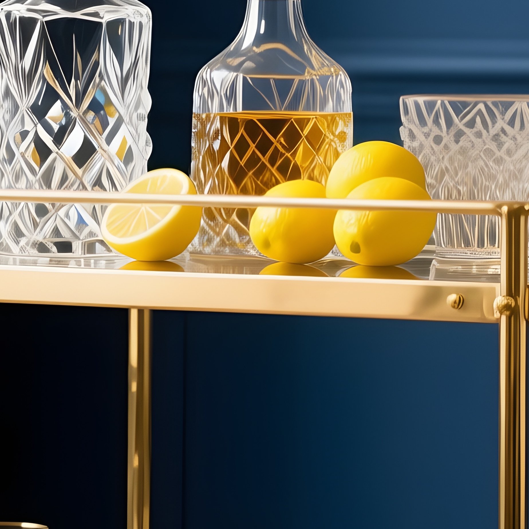 A Stylish Gold Metal Bar Cart Styled With Crystal Decanters, Fresh Lemons, And Vintage Glassware, Positioned Against A Dramatic Navy Blue Dining Room Wall. - Full Resolution Quality Preview