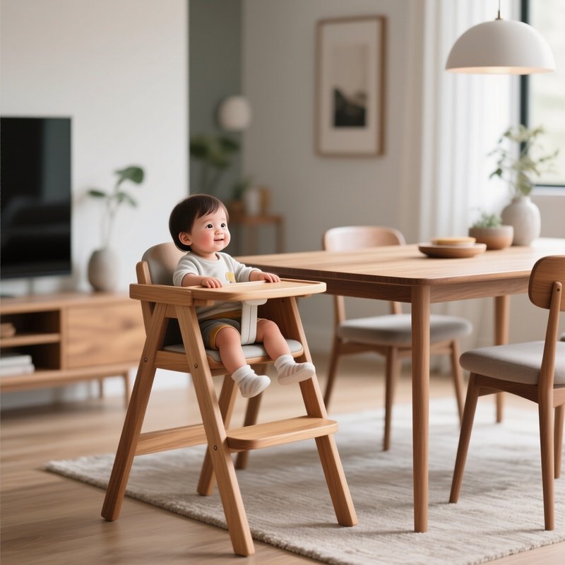 A Stylish, Modern Wooden High Chair Placed At The Main Family Table, Showing Inclusivity For Children Within A Design Conscious Home Environment.