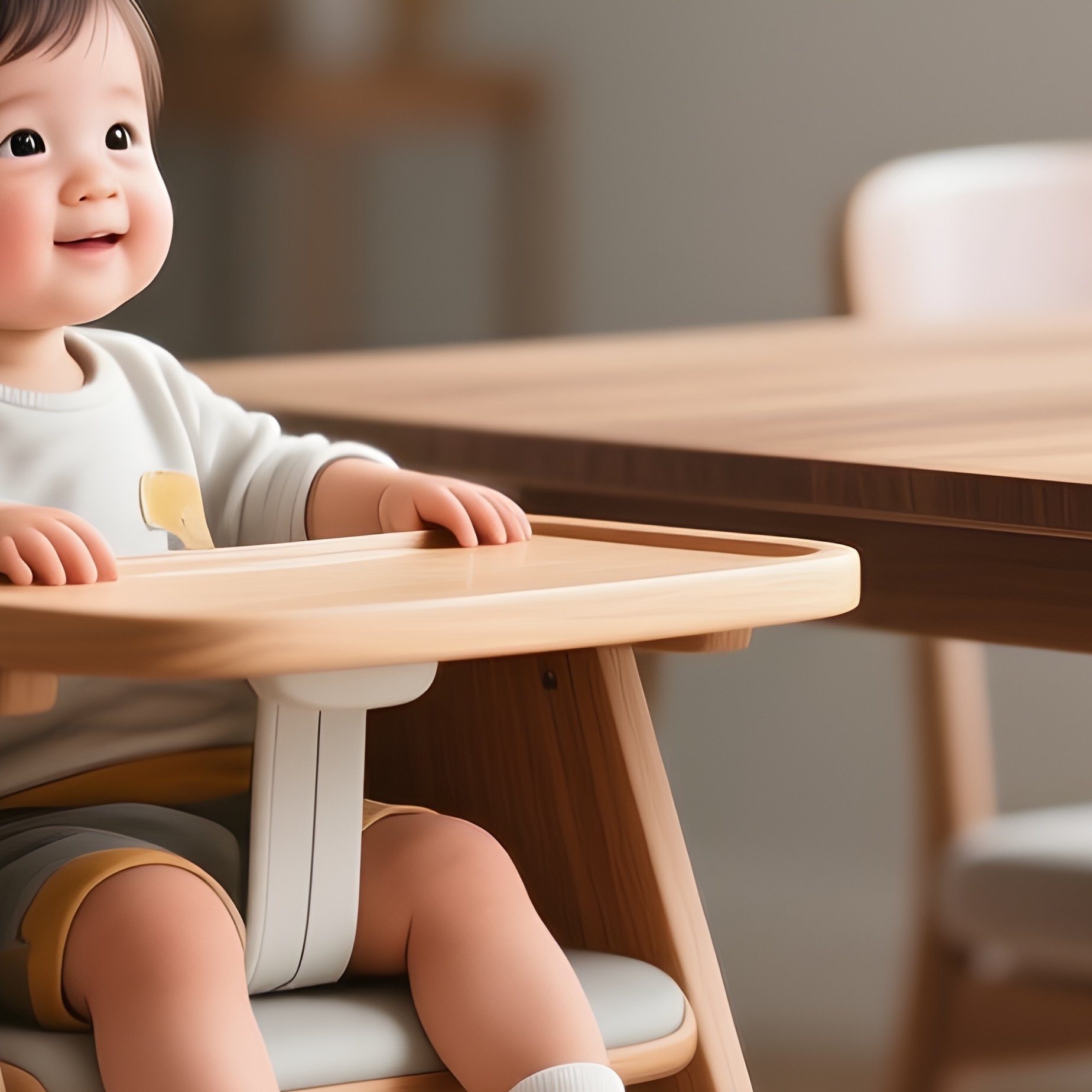 A Stylish, Modern Wooden High Chair Placed At The Main Family Table, Showing Inclusivity For Children Within A Design Conscious Home Environment. - Full Resolution Quality Preview