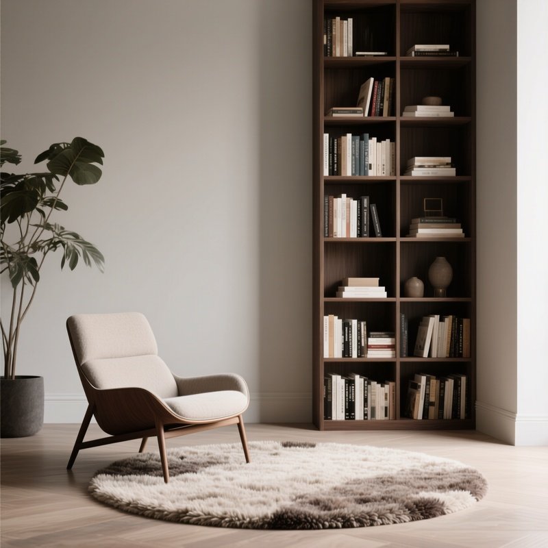 A Stylish Reading Area With A Designer Lounge Chair, A Wool Rug, And A Tall Bookshelf